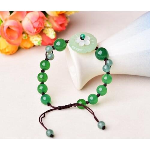 Ethnic Style Bracelet Green Agate Bracelet Jewelry Hand-Woven Hand Rope Adjustable Accessories Female