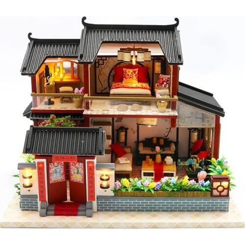 Wooden DIY Doll House Miniature Puzzle Assemble 3d Miniaturas Dollhouse Kits Toys For Children Gift Auspicious Sign Loft