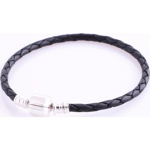 Double Single Black Braided Leather Bracelet Silver 925 Clip Clasp Charm Bracelets for Women DIY Jewelry Making