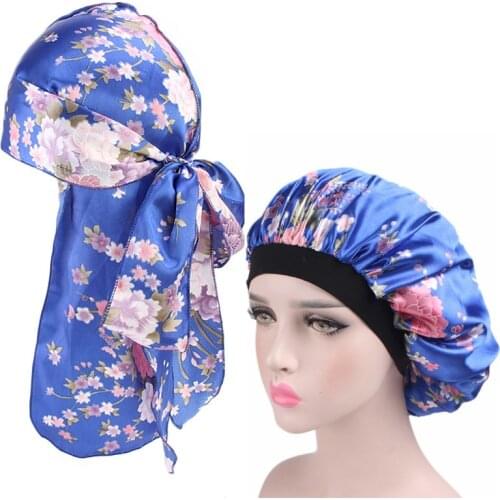 Custom Fashion Couple Set Bonnet And Durag Floral Satin Night Sleeping Cap Do Rag