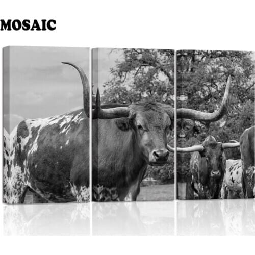 3 Pieces Diamond painting Texas Longhorn Cow Picture Black White full drill diamond emboery animal art wall home decoration