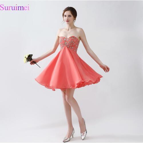 Short Coral Homecoming Dresses Chiffon Beaded Corset Lace Up Back Knee Length Beaded Graduation Party Gown