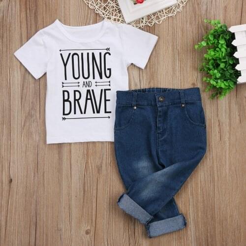 Summer 2Pcs Toddler Boy Kids Clothes Outfits Short Sleeve Letter Print T-shirt Tops + Jeans Denim Pants Suits