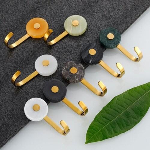 Wall Hooks Marble Brass Robe Hook Towel Hanger Nail Free Clothes Hat Hook Bathroom Brass Bath Hardware Set Kitchen Hanger