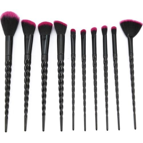 New Black Red 10PCS/Set Spiral Design Plastic Handle Beauty Makeup Brushes Cosmetic Foundation Powder Blush Make Up Brush Tool