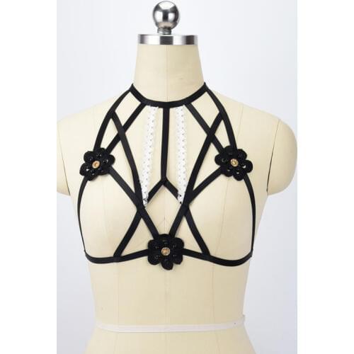 2017 New Arrival Black Bra With Flower 90s Cage Bra Gothic Bondage Lingerie Elastic Harness Bra Harajuku Harness Belt O0522