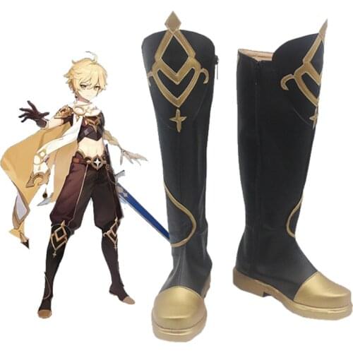 Genshin Impact Traveler Aether Cosplay Shoes Boots Aether Traveler Golden Braid Hair Wigs Halloween Carnival Accessories