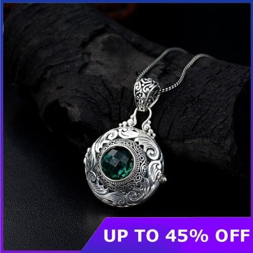 Real 100% 925 Sterling Silver Skeleton Openable Green Crystal Gawu Box Baroque Carved Vintage Thai Silver box Pendant Gifts