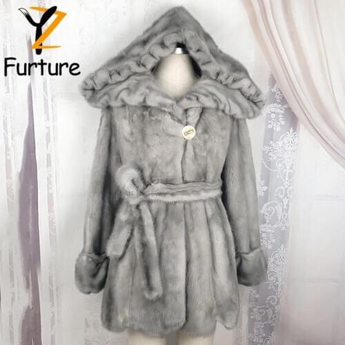 Luxury Sapphire Color Natural Mink Fur Hooded Coat Woman Real Fur Skirt Overcoat Winter Warm Sashes Slim Genuine Mink Fur Jacket