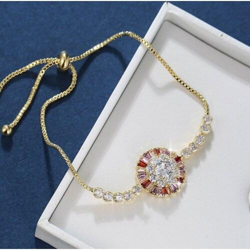 Luxury Female Crystal Round Bracelet Rose Gold Silver Color Bracelets For Women Cute Rainbow Zircon Stone Party Chain Bracelet