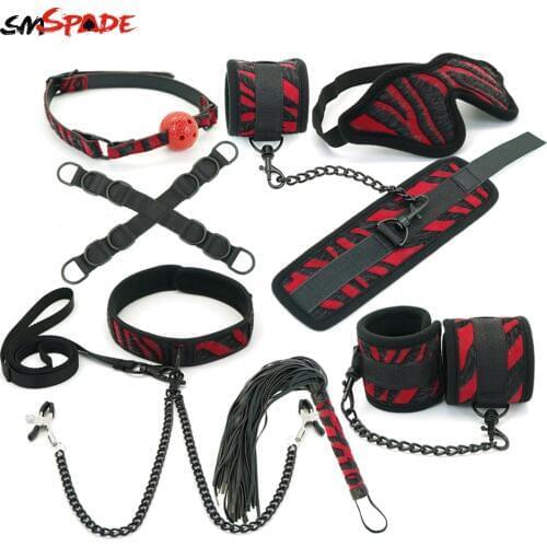 Smspade SM Bondage Adult Sex Toys for Couples Handcuffs Ankle Cuffs Blindfold Mouth Ball Gag Collar Nipple Clamp Spanking Paddle