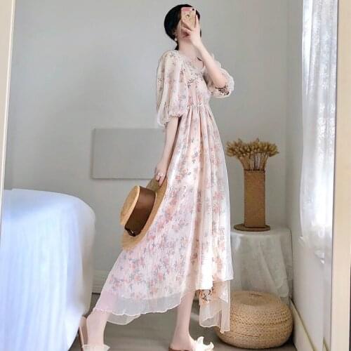 Plus Size Chiffon Floral Dress 2021Summer Womens Puff Sleeve Dress Slim Irregular Round Neck Elegant Gauze Female Dress Fashion