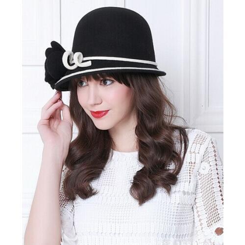 Black Winter Wool Fedora Hats For Women Flower Bucket Hat Vintage Pure Wool Felt Brim Floppy Cashmere England Ladies Church Cap