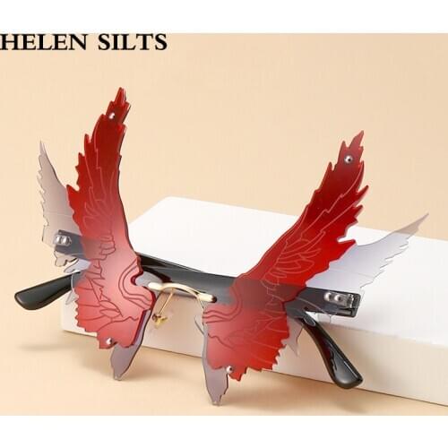 Fashion Wing Sunglasses Women Vintage Steampunk Rimless Sun Glasses Female Ocean Lens Colorful Metal Eyewear UV400 Red Green