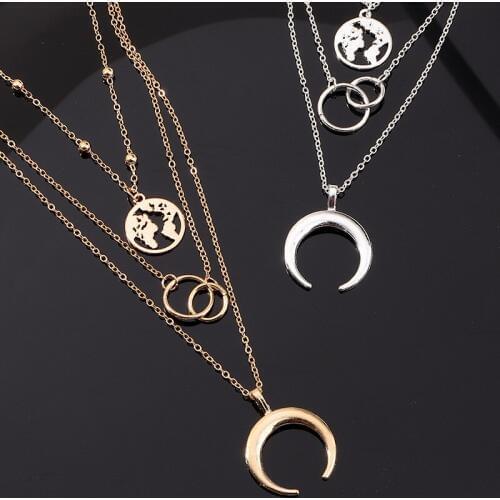 Vintage Multilayer Pendant Necklace For Women Bohemian Gold Round Globle Map Moon Star Choker Necklace Trendy Jewelry Birthday