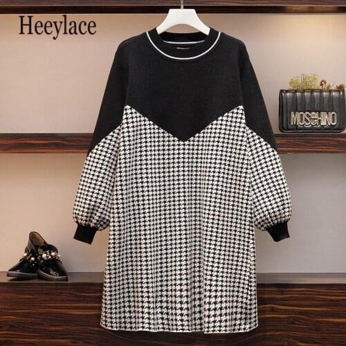 Plus size women winter thick warm plaid patchwork knitted sweater dresses for women long sleeve o neck casual knitting vestidos