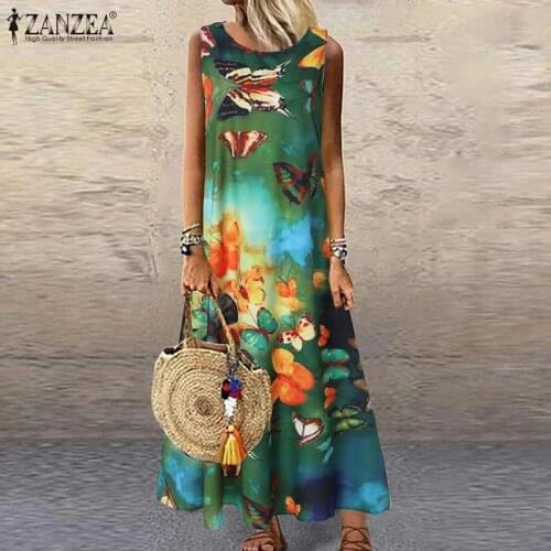 Oversized ZANZEA Women Summer Sleeveless Floral Printed Sundress Bohemian Beach Holiday Vestidos Kaftan Vintage Maxi Long Dress
