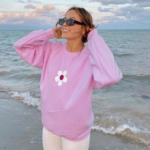 SEASONS Pink Casual Oversized Sweatshirt Women Long Sleeve Floral Print Pullover Autumn Baggy Cute Top White Basic ASNHO83636