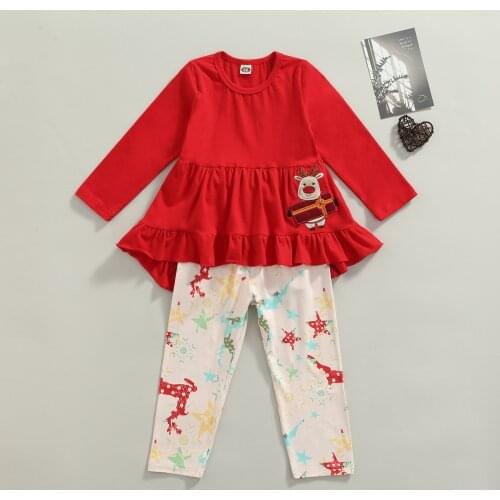 1-6Y Christmas Children Girls Clothing Sets Toddler Kids Girls Cartoon Elk Embroidery Ruffle Tops+Long Pants Outfits