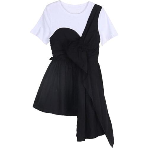 Women Fake Two Piece Black Dress Retro Ladies short sleeved t shirt Dresses Bow decoration Bodycon Dresses Vestidos