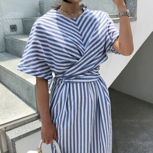 Female Long Bodycon Plus Size Robe Femme Korean Women Summer Cotton Blue Striped Bandage Split Long Dress