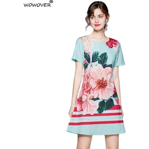 Elegant Summer Short Sleeve Floral Print Dress Runway Designers Women Robe Casual Aline Party Holiday Vestido
