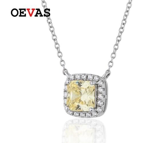 OEVAS 100% 925 Sterling Silver Square Pink Yellow Zircon High Carbon Diamond Pendant Necklace For Women Sparkling Fine Jewelry