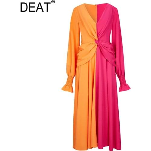 DEAT Woman Dress Hit Color Cross V Collar Flare Sleeve Mid Calf Length Straight Slim Waist Beach Style 2021 New Summer 15XF430