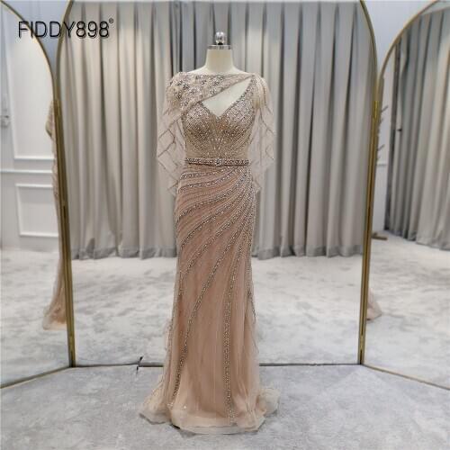 Elegant Golden Mermaid Evening Dresses 2021 Long Luxury Party Heavy Beaded Wedding Party Dress Women Elegant Gowns Femme Robe