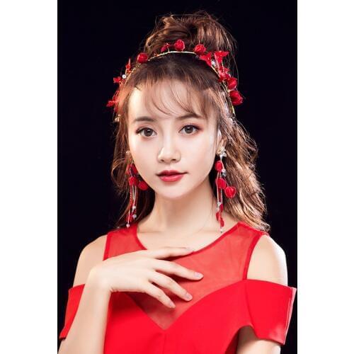 Gold Headbands Rose Flower Crystal Wedding Hair Accessories Red Tassel Earrings Hairband Set Women Bridal Hair Jewelry Gift