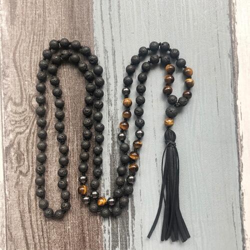 108 Mala Beads Knotted Leather Tassel Necklace Man 8mm Lava Stone Tiger Eye Hematite Mala Necklace Healing Jewelry For Men Gift