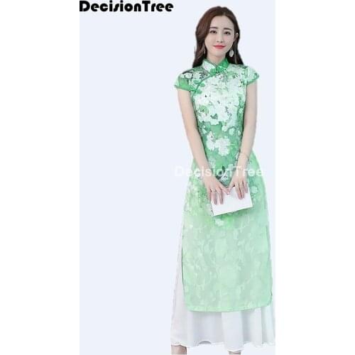 2021 cheongsam print ao dai dress folk style vietnam robe chiffon vietnam clothing dress stand collar oriental cheongsam modern