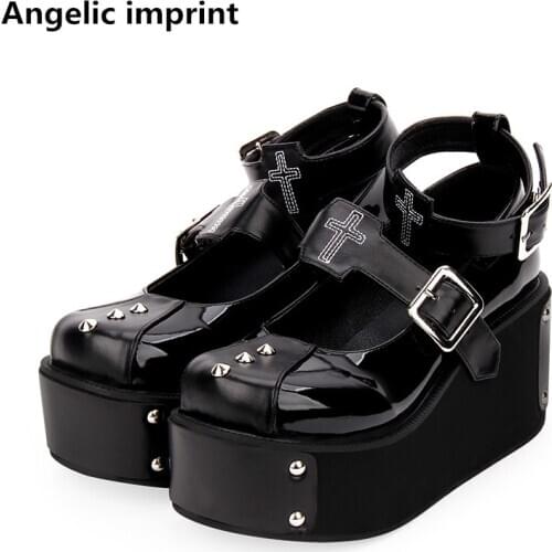 Angelic imprint woman mori girl lolita cosplay punk shoes lady high heels wedges Pumps women princess dress party shoes 33-47