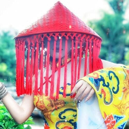 Retro Bamboo Tassel Hat Stage Performance Accessories Singer Costume Nightclub DJ Rave Outfit Gogo Dance Clothes Red Hat BL4717