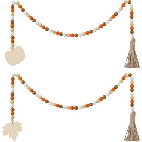 Wooden Bead Tassels Ornaments with Pumpkin and Maple Leaves,Bead Garland Ornaments for Halloween Thanksgiving Fall Decor