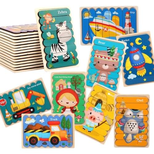 Animal Wooden Puzzle 3D Double-sided Puzzles For Kids Story Jigsaw Puzzle Montessori Educational Toys For Children 2 3 4 5 Years