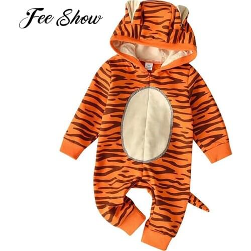 Baby Boy Girl Rompers Cotton Soft Newborn Long Sleeve Leopard Hoodie Zipper Jumpsuit Lovely Cartoon Tiger Baby Outfit Clothes