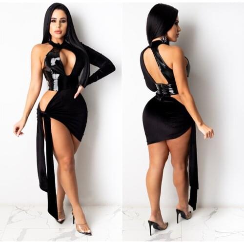 DSMTRC Dress For Women Sexy Patchwork Mini Dress One Long Sleeve Hollow Out Side Lace Up Night Club Irregular Dress 2021 New