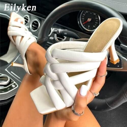 Eilyken High Quality Cozy Pu Leather Women Elegant Slippers Thin High Heel Summer Sandals Slides Square Toe Slip On Mules Shoes
