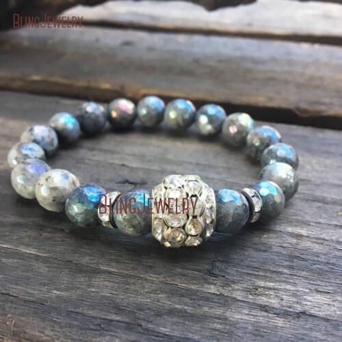 Faceted Labradorite Beaded Stretch Bracelet Shabby Chic Stretch Bracelet With Big Crystal Ball BM12346