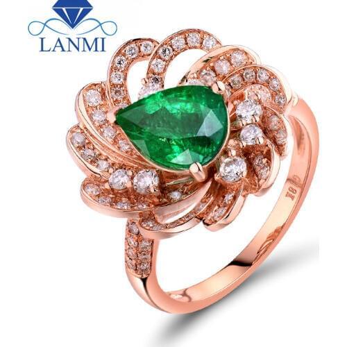 Genuine Natural Colombian Emerald Rings Pear Cut 7X9mm 18Kt Rose Gold Diamond Engagement Jewelry WU267