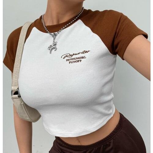 Brown Letter Embroidery Y2k Crop Top Women Summer 2021Harajuku O-Neck T-Shirts For Girls With Short Sleeve Cotton Tee Female