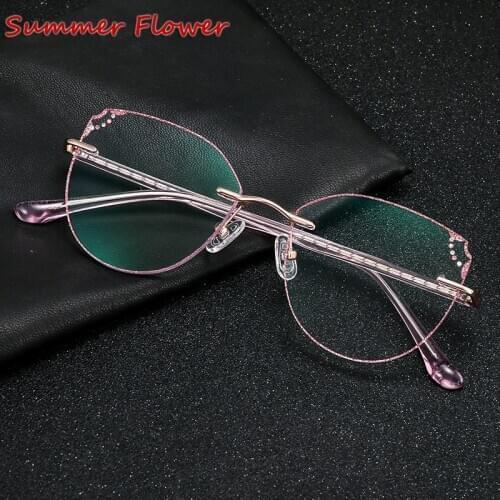 Round Retro Eye Glasses Colored Lenses Rimless Prescription Frames for Women Optical Myopia Spectacles Diamond Glass