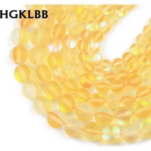 Matte Yellow Flash Crystal Frosted MoonStone Glitter Round Loose Beads For Jewelry Making DIY Bracelet Necklace 15'' 6/8/10mm