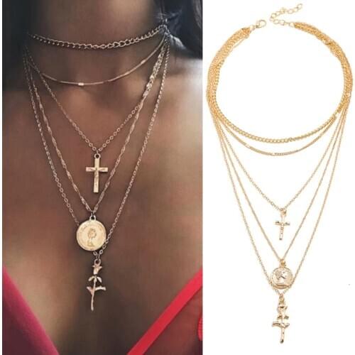 Bohemian Multilayer Pendant Gold Color Chain Necklaces Women Shell Circle Map Moon Star Necklace Portrait Chokers Jewelry Gift