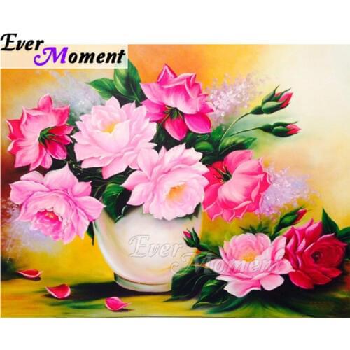 Ever Moment Diamond Painting Pink Flower Vase Decoration For Home Cross Stitch Handmade Full Square Diamond Embroidery ASF1841