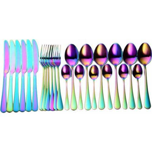 Stainless Steel Cutlery Set Forks Spoons Knives Set Dinnerware Kitchen Tableware 24Pcs Rainbow Silverware Set Flatware Dinner