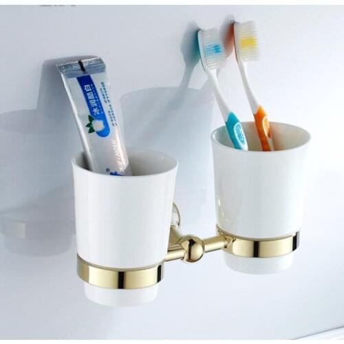 Vidric Wall Mounted Gold tooth brush holder brass Double Cup holders square design Bathroom Accessories Gold style embedded