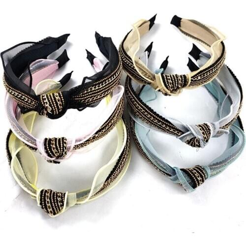 New Fashion High Quality Lace Knot Hairband Wide Side Headband Women Shining Gold Chain Headwear Casual Hair Accessories Turban