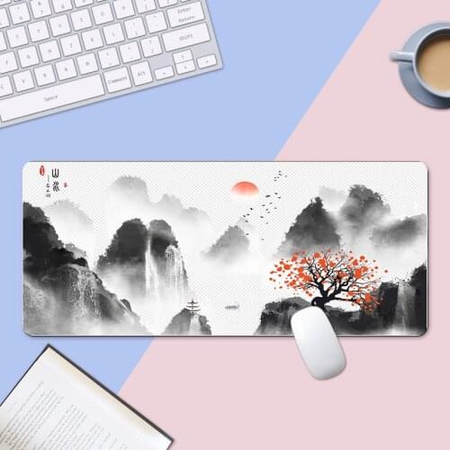 2021 New Ink Painting Mouse Pad Black and White Gray Three-color Office Computer Non-slip Mouse Pad Extra Long Table Mat